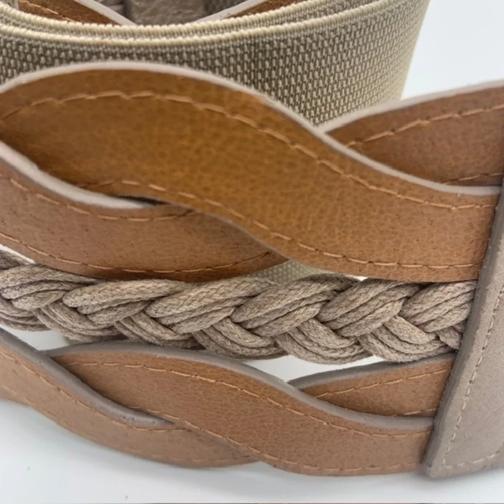 NWT Boho Coastal Wide Stretch Waist Belt 2XL Braided Woven Neutral Minimalist